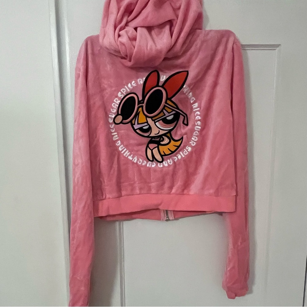 NWT - Powerpuff Girls Pink Hoodie Velour Blossom Patch Crop Hoodie - XL